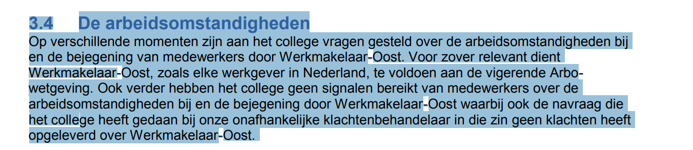 De bewuste passage uit het evaluatierapport over arbeidsomstandigheden bij Werkmakelaar-Oost.
