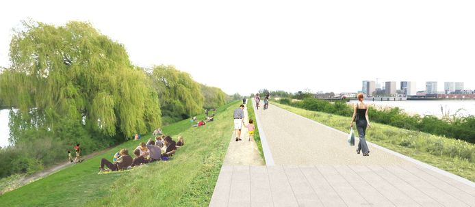 Een beeld van de vernieuwde wandeldijk in het toekomstige Ringpark Noordkasteel.