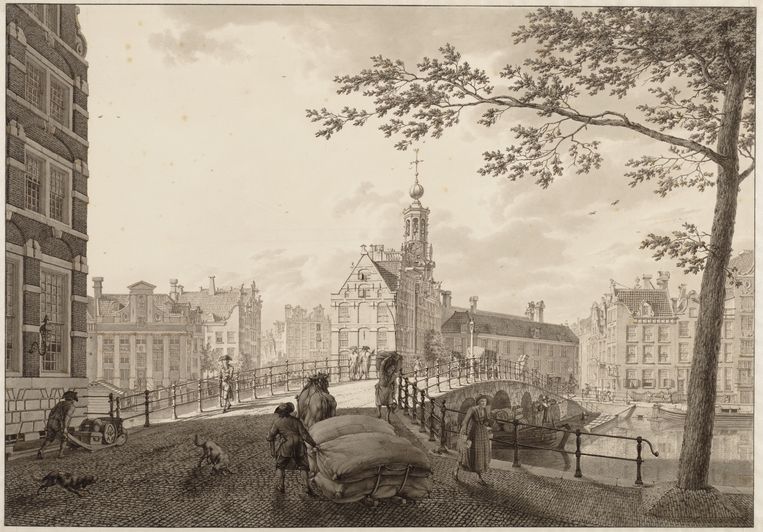 ‘Gezicht op Amsterdam’, Jacob Cats (1741-1799). Te zien is het Rokin met op de achtergrond het Schapenplein, het huidige Muntplein. Beeld Stadsarchief Amsterdam