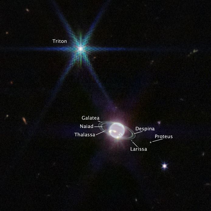 Triton is een grote en unieke maan van Neptunus. Die is namelijk bedekt met een laag samengeperste stikstof, waardoor 70 procent van het zonlicht dat Triton raakt, gereflecteerd wordt.