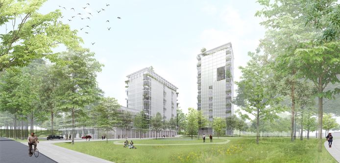 Impressie van de nieuwbouw die is gepland in het voormalige kantoorpand van ABN Amro in de Bredase wijk Heusdenhout.