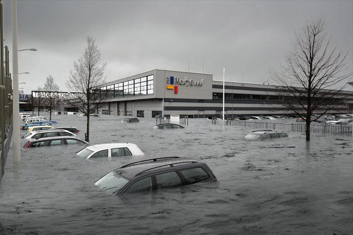 ROC Mondriaan Den Haag onder water!? Vakkanjers van mbo’s, waaronder ROC Mondriaan, en bedrijven bedenken de komende maanden oplossingen voor wateroverlast. Fotobewerking: Timon Jacob.