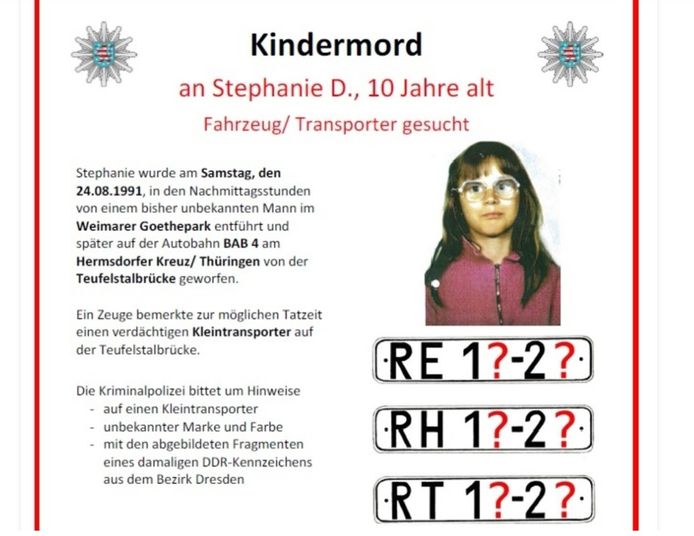 Na de moord op het Duitse meisje Stephanie Drews (10) werd deze oproep tot getuigen gelanceerd.