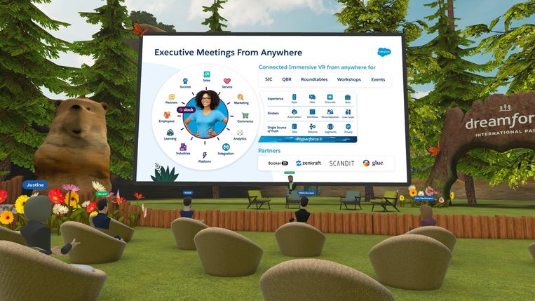 Salesforce bouwde meerdere VR-ontmoetingsplaatsen, van een kantoorgebouw tot een bosrijk park. Beeld RV