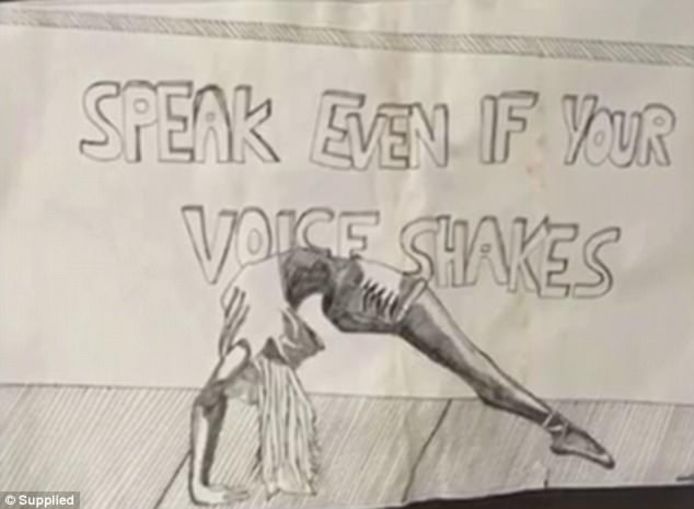 Deze tekening met het opschrift "Spreek, ook als je stem trilt" maakte Dolly kort voor ze zich van het leven beroofde.