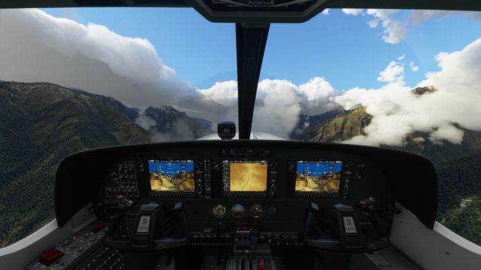 Zicht vanuit een van de realistisch weergegeven cockpits in Flight Simulator.