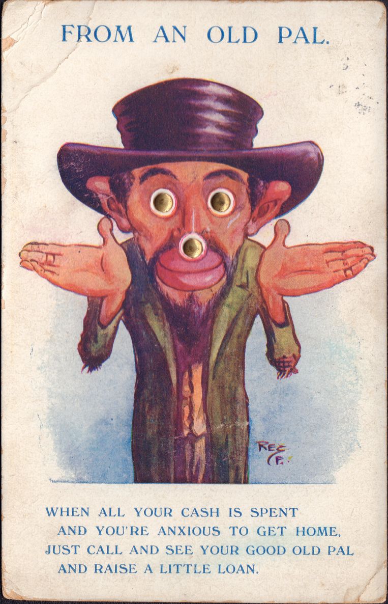 Een antisemitische prent typerend voor de 19de en 20ste eeuw, uit de collectie van Arthur Langerman en Kazerne Dossin. Beeld RV Kazerne Dossin/ collectie Arthur Langerman