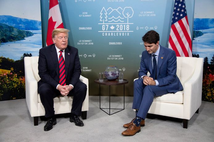 President Donald Trump en premier Justin Trudeau tijdens de G7 op 8 juni 2018.