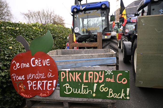 'Actiegroep Fruittelers' trok vandaag met de tractor naar Comeos in Oudergem. Ze ijveren voor een eerlijke prijs voor hun producten.