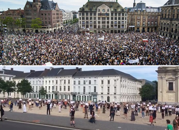 Bovenaan de demonstratie in Amsterdam, onderaan in Gent.