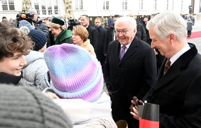 Filip en bondspresident Steinmeier, naast hen Mathilde en First Lady Büdenbender.