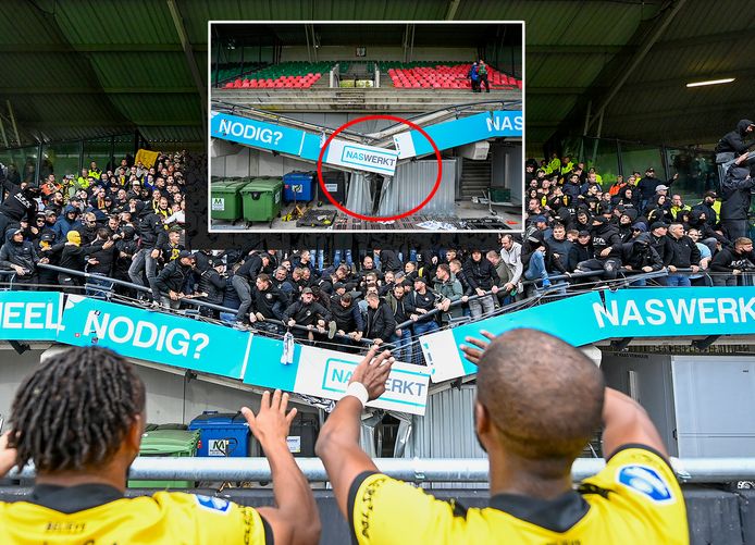 Het doorgezakte vak met Vitesse-fans 'landde' op een container.