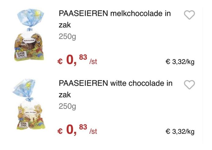 Paaseieren melkchocolade in zak en witte chocolade bij Colruyt en OKAY.