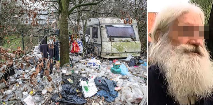 Links de vervallen caravan waarin hij overnacht, midden zijn eigen afval. Rechts André Hornebecq