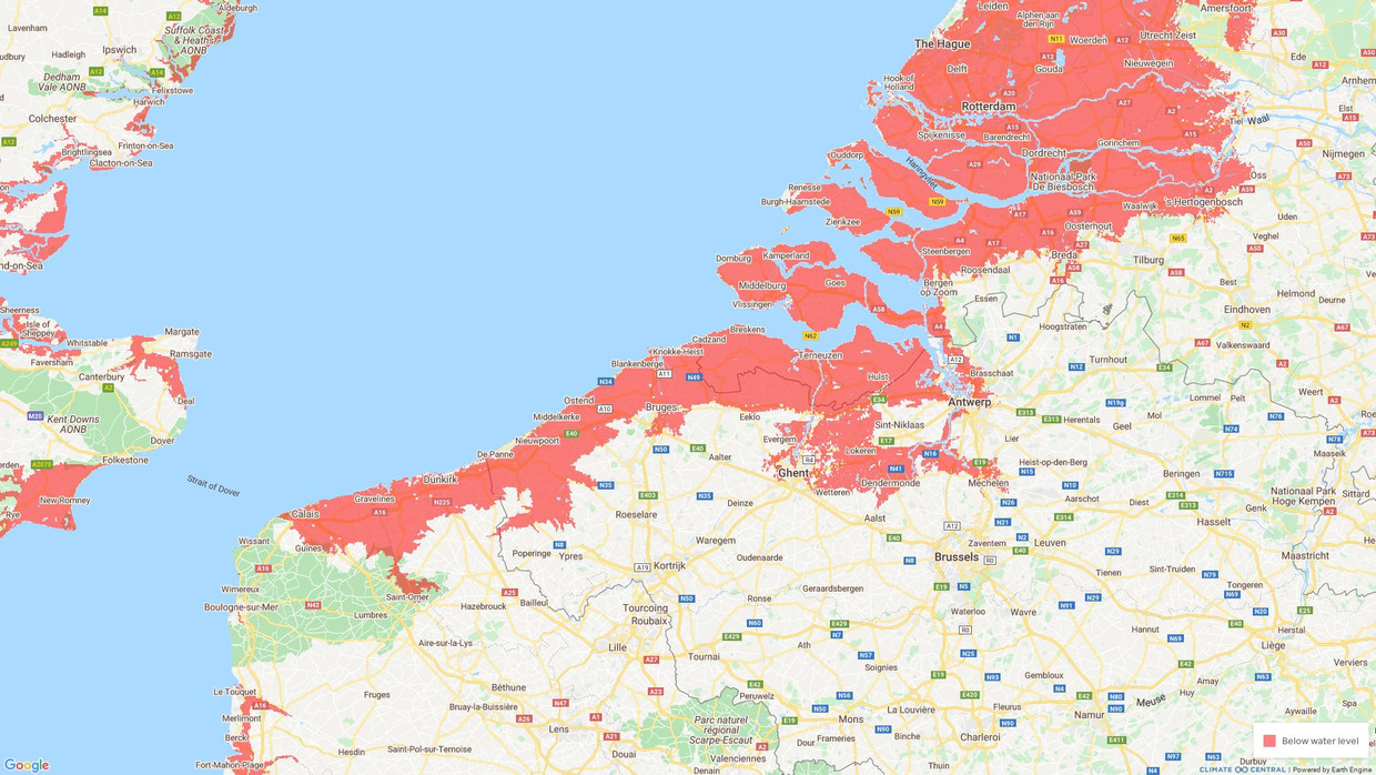 Areas with a risk of flooding if the sea level rises by three metres.  Climatecentral.org's photo