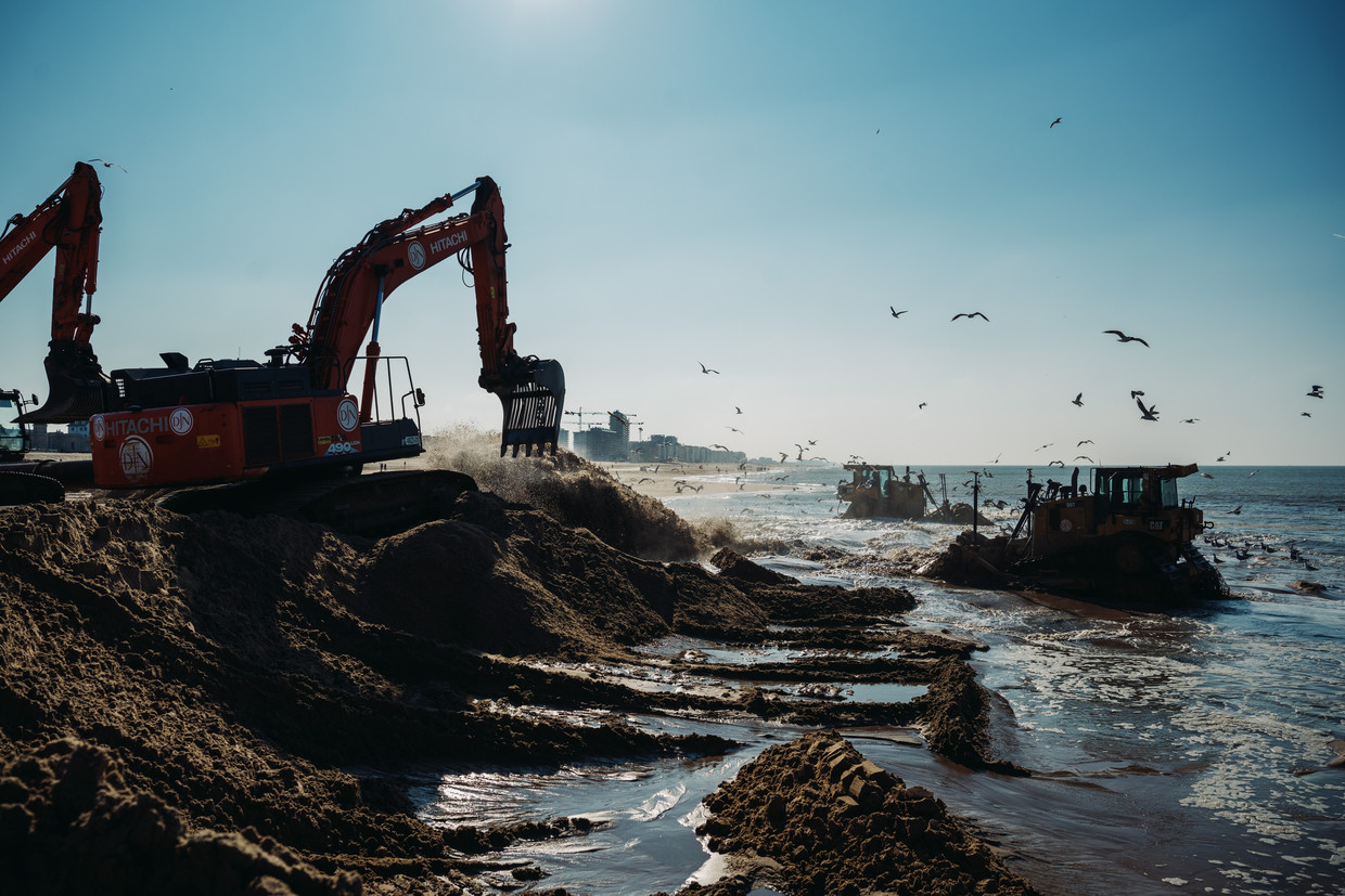 Zandwerken aan de kust van Oostende. Beeld Wouter Van Vooren