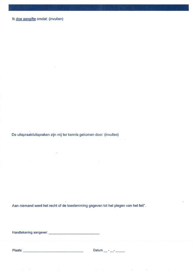 Achterzijde van het aangifteformulier tegen Wilders.
