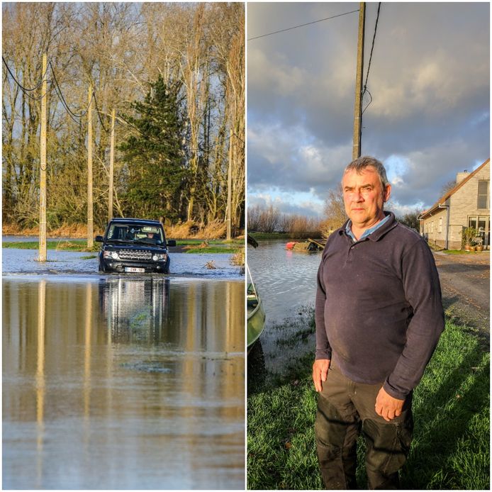 Links: Geert baant zich een weg door het water. Rechts: Geert bij zijn woning