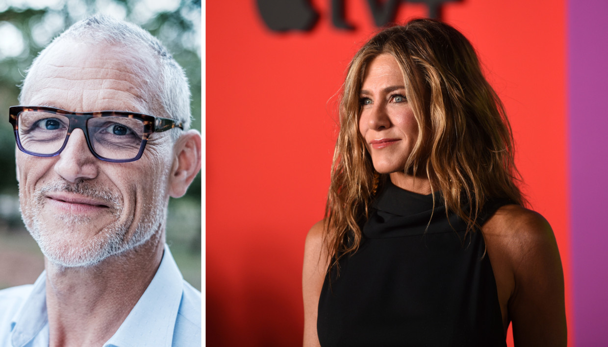 Fertiliteitsarts Herman Tournaye en actrice Jennifer Aniston. Beeld Bob Van Mol