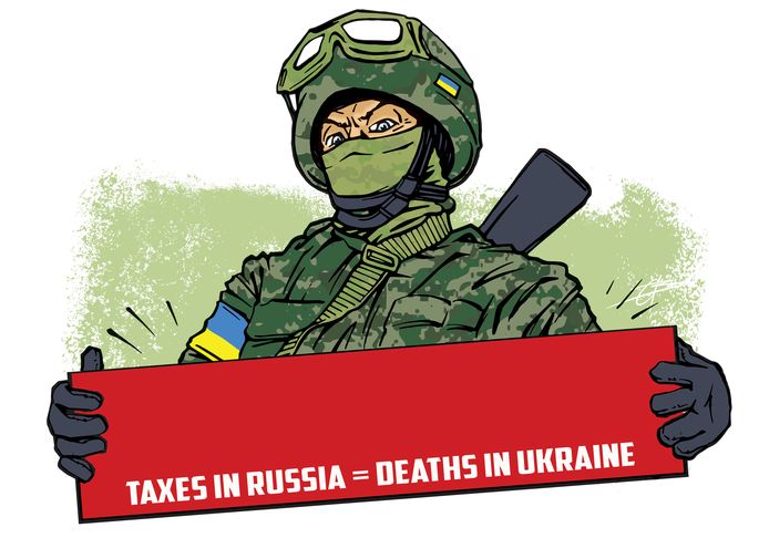 Belasting betalen in Rusland betekent doden in Oekraïne: dat staat onder het pamflet dat de Oekraïense overheid recent uitdeed.