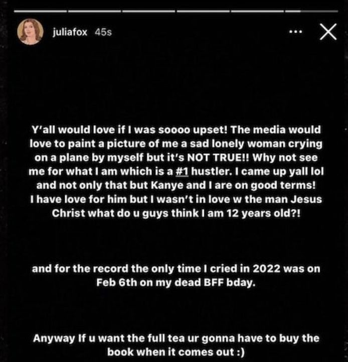 Screenshot  van Julia Fox haar Instagram Story