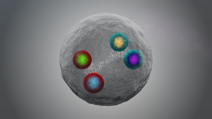 Een illustratie van een tetraquark, een deeltje dat uit vier quarks bestaat.