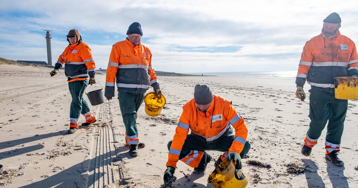 Dirk Jan, Erik, Cor en Danker ruimen olie op strand bij Westkapelle: de smurrie plakt en stinkt - PZ