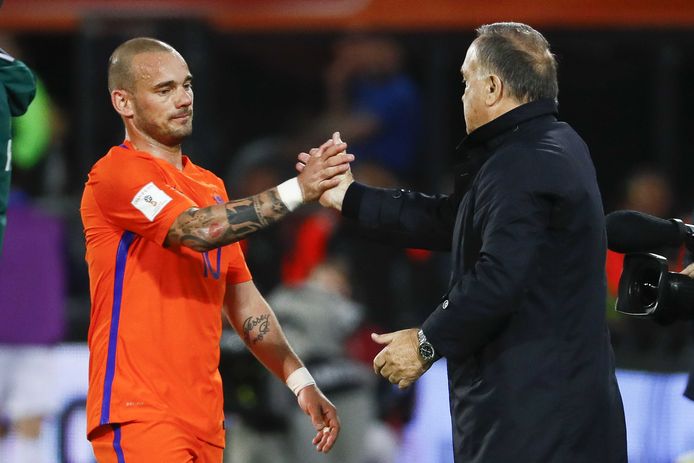 Wesley Sneijder van het Nederlands elftal met bondscoach Dick Advocaat als hij wordt gewisseld.