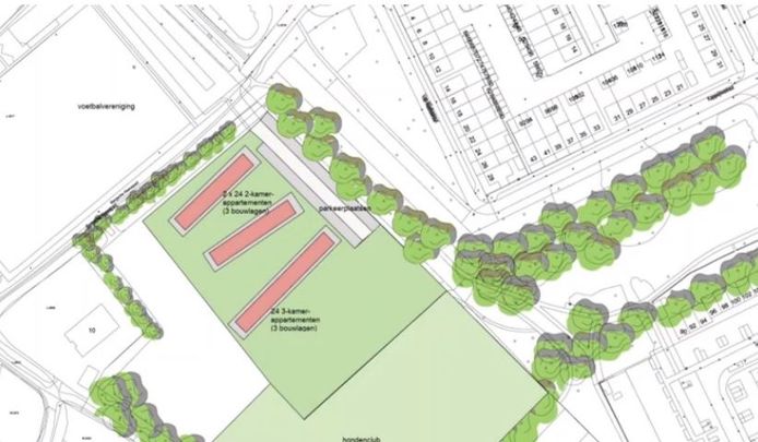Tijdens de digitale informatiebijeenkomst werd deze plattegrond getoond van de mogelijke inrichting van het 'flexwijkje'. Linksboven het voetbalcomplex van SV Ruwaard, rechts de woonwijk zelf.