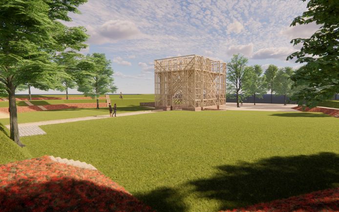 Het ontwerp van de houten toren op Bastion IX. Het bouwwerk staat er niet op 1 april 2022, wanneer Brielle 450 jaar bevrijding van het Spaanse juk viert.