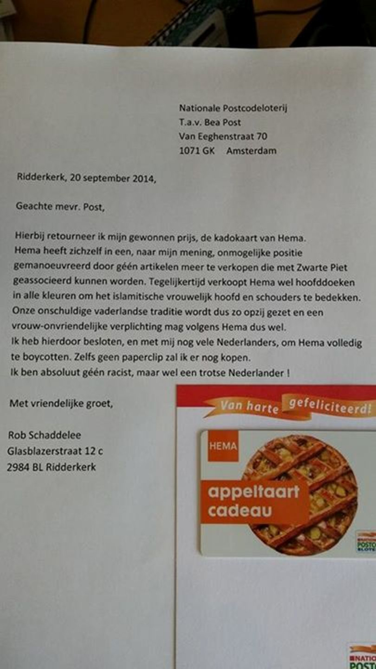De brief naar de Hema die Rob Schaddelee op Facebook zette. Beeld Facebook 