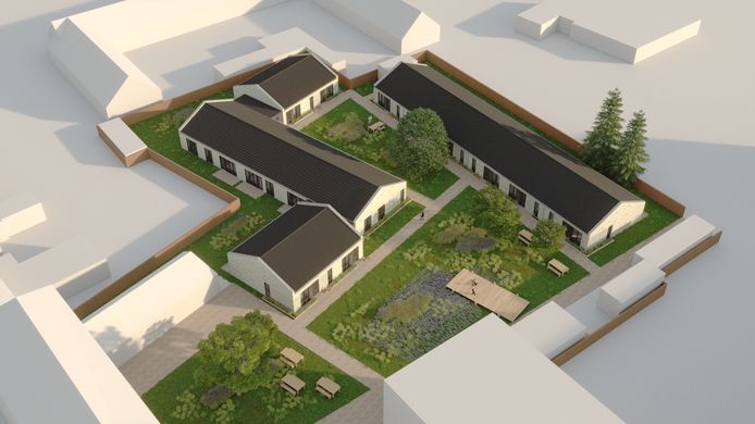 Een illustratie van de geplande 13 nieuwe woningen in de tuin achter het voormalige klooster aan de Poeijersstraat in Eindhoven. Een plan van Woonbedrijf voor woonvereniging 't  Rondeel.