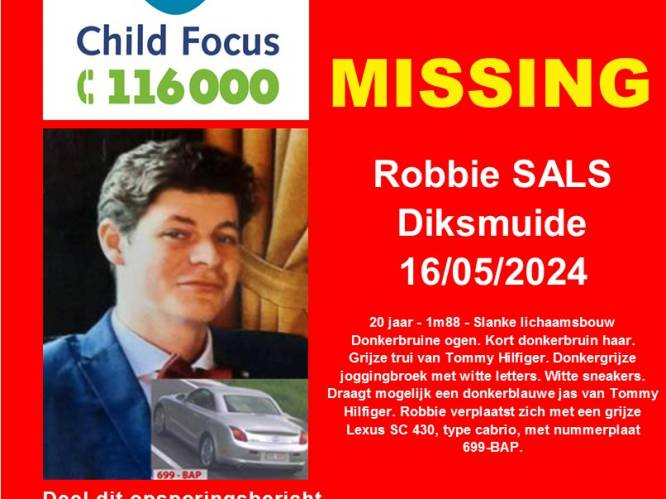 Child Focus verspreidt opsporingsbericht voor Robbie (20) uit Diksmuide