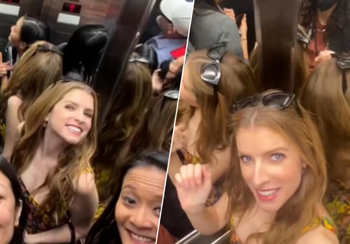 Anna Kendrick zit vast in de lift met haar team.