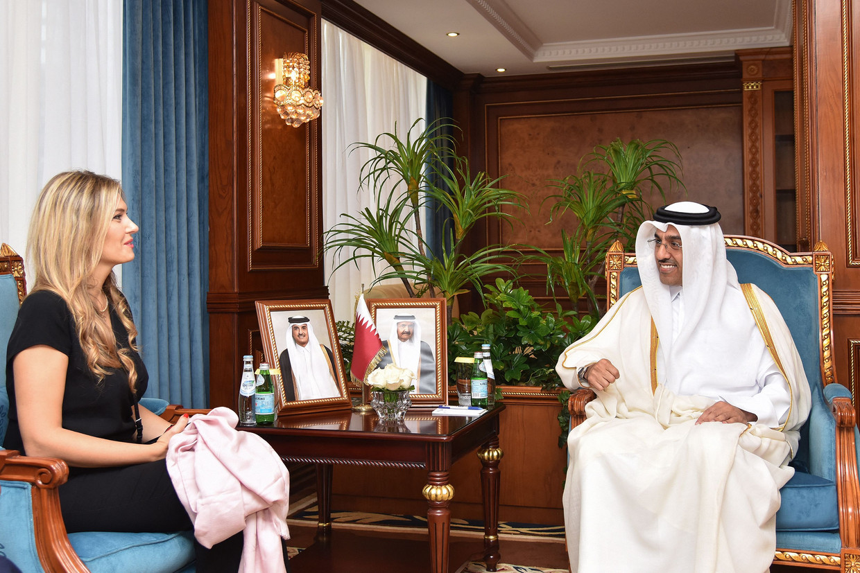 Eva Kaili op bezoek bij de Qatarese minister van Werk, in oktober van dit jaar. De Golfstaat pakte maar al te graag uit met het bezoek van de Europese politica. Beeld AFP
