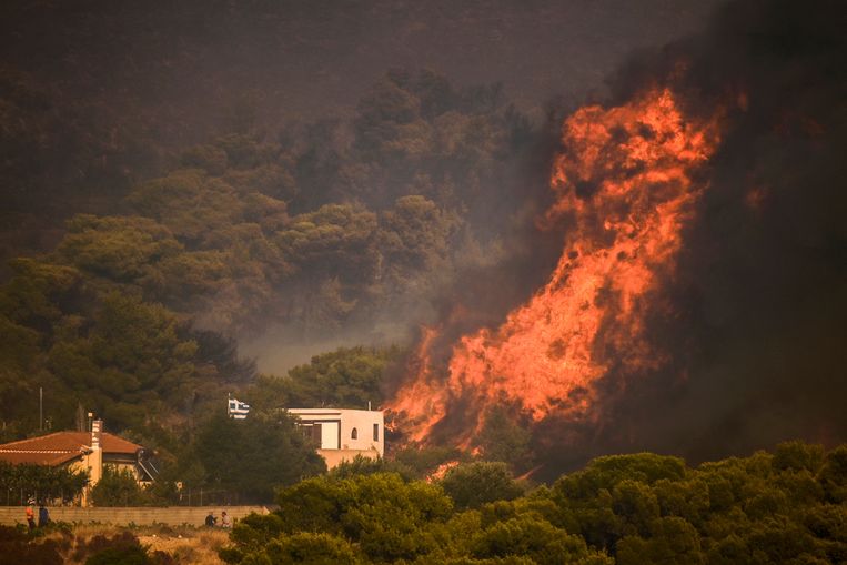 Vlammen vlakbij een huis in het dorp Synterina, bij Athene. Beeld AFP
