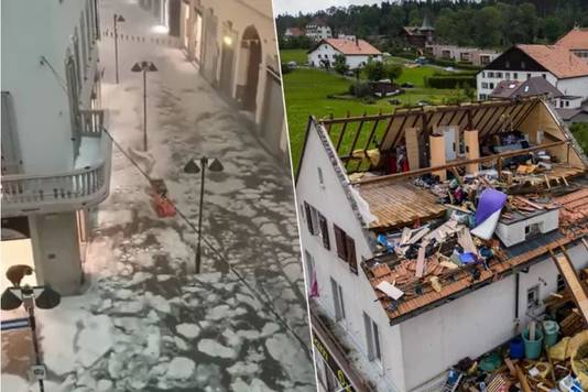 Un'immagine a sinistra di una via di Milano che dopo un forte temporale si è trasformata in un fiume di ghiaccio.  A destra, una casa a La Saxe-de-Fonds, in Svizzera, che potrebbe essere stata colpita da un tornado.