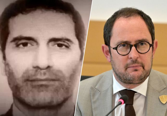 Iraanse terrorist Assadi (links) en minister van Justitie Vincent Van Quickenborne (rechts)