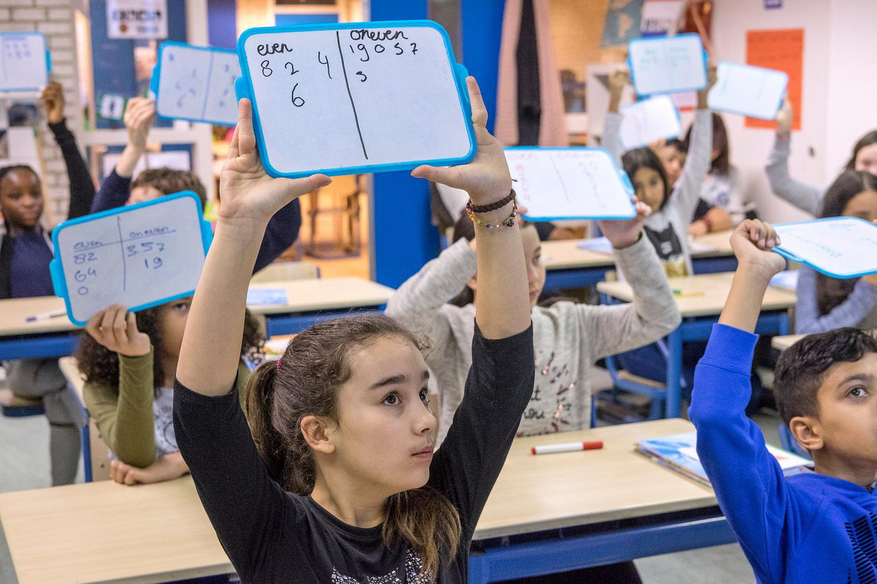 Tijdens de rekenles van juf Marie-José Glandorf op de Amsterdamse Alan Turingschool steken alle leerlingen bordjes op met het antwoord. Beeld Patrick Post