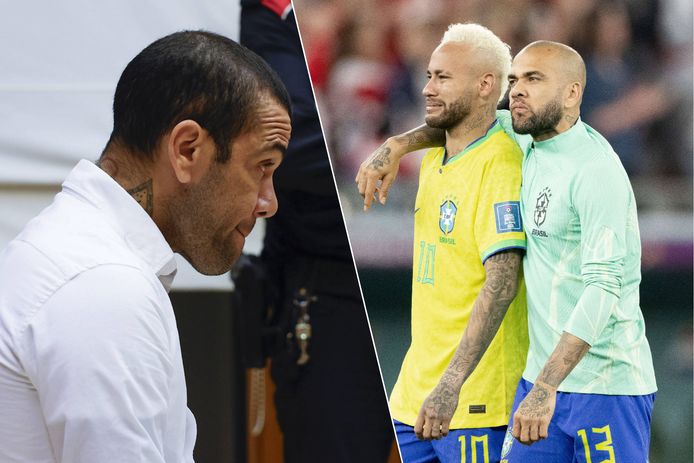 Links: Dani Alves tijdens de rechtszaak. 
Rechts: Neymar en Alves na de uitschakeling op het WK in Qatar 2022.