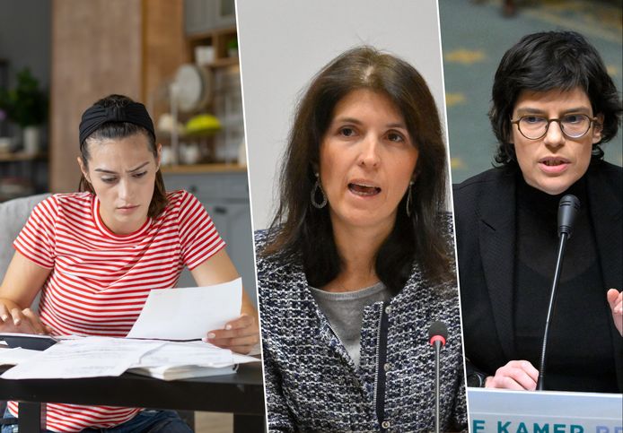 Staatssecretaris voor consumentenzaken Alexia Bertrand (midden) en energieminister Tinne Van der Straeten (rechts) sloten met de energieleveranciers een akkoord over een proactieve check van de voorschotfacturen.