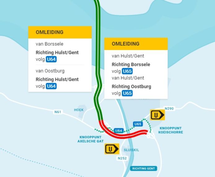 Omleidingen vanwege de afgesloten Sluiskiltunnel.