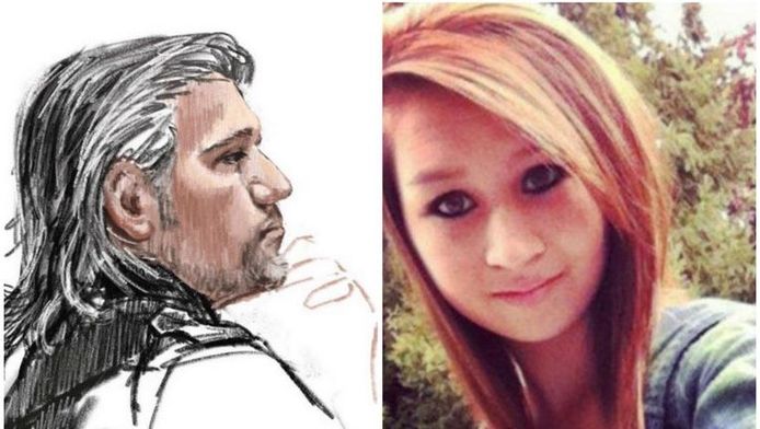 Rechtbankschets van Aydin Çoban. Rechts: Amanda Todd (1996-2012).