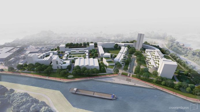 Een impressie van de nieuwe woonwijk Smariuskade in Tilburg, met op de voorgrond het Wilhelminakanaal en rechts op de achtergrond de Hasseltrotonde.