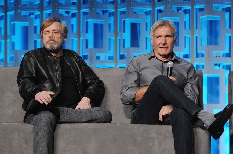 Mark Hamill en Harrison Ford tijdens het '40 YEARS OF STAR WARS PANEL' op Star Wars Celebration in Orlando, Florida. Beeld RV/©LucasFilm, 2017