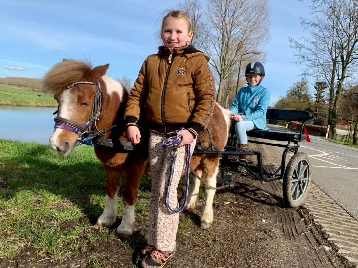 Zusjes Karlijn en Esther gaan graag op pad met hun pony Pip (15): ‘We mesten zelf de ponystal uit’ 