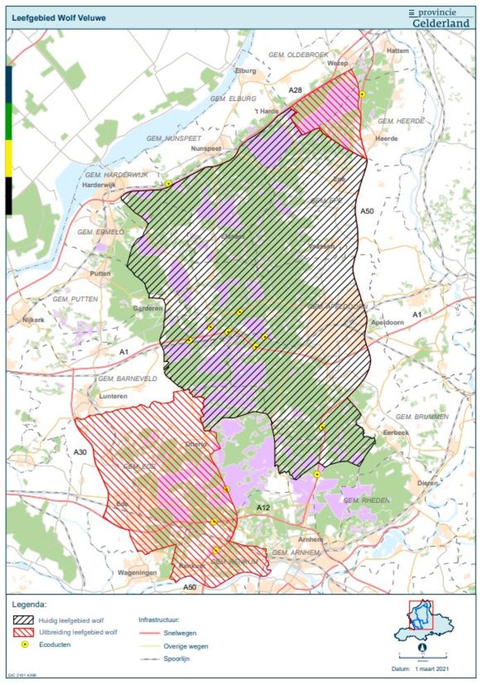 Het leefgebied van de wolf op de Veluwe, met in het rood de gebieden die in 2021 zijn toegevoegd.