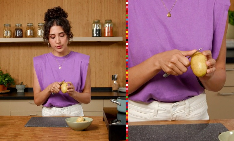 Maryam Ismaili Shekoh laat zien hoe zij aardappelen kookt.