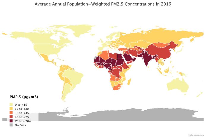 Gemiddelde jaarlijkse concentraties fijnstof wereldwijd in2016.