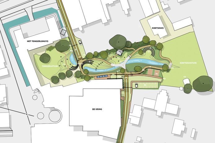 Een plattegrond van nieuwe Stadstuin van Hasselt, met duidelijk zichtbaar de wadi's en de vlonderpaden.